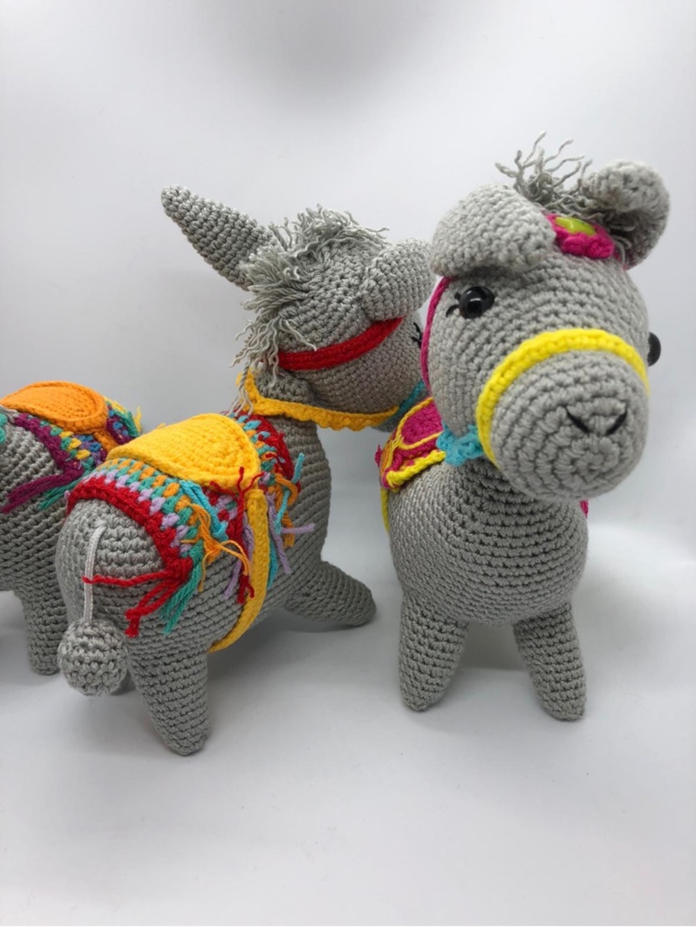 Handmade Grey Crochet Donkey Plush Toy with Colorful Saddle - Kids Toys